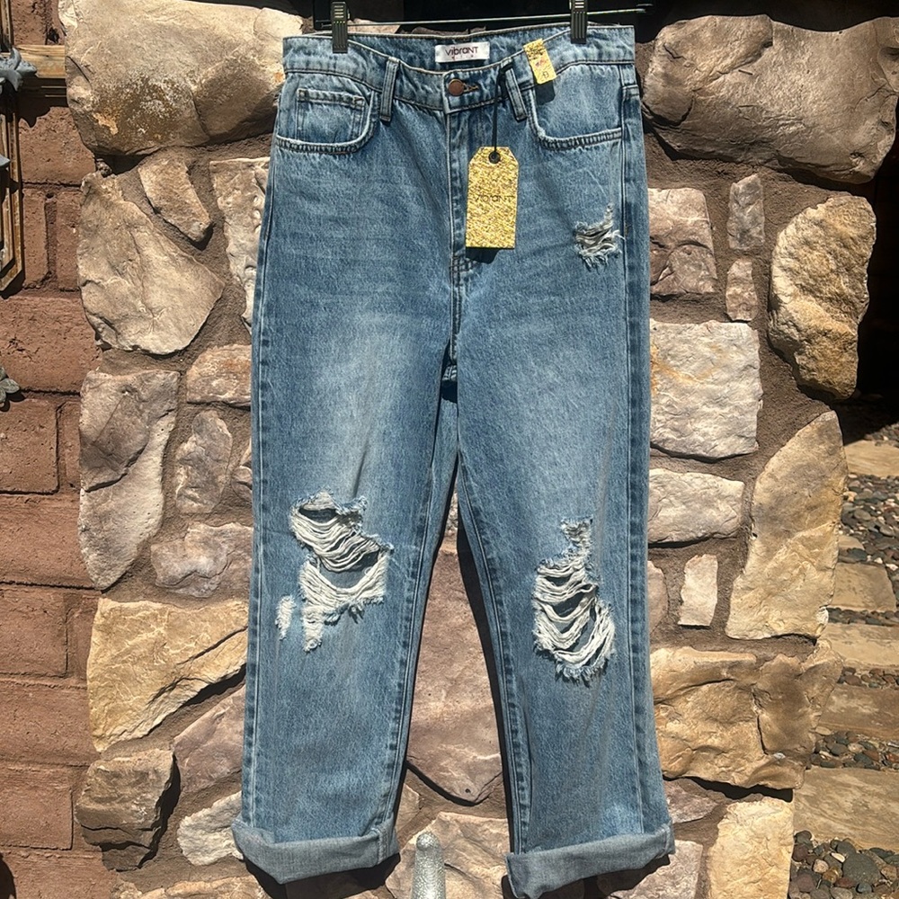 Vibrant Miu Boyfriend Jeans Baggy High Rise Distressed Ripped Size 28 NWT